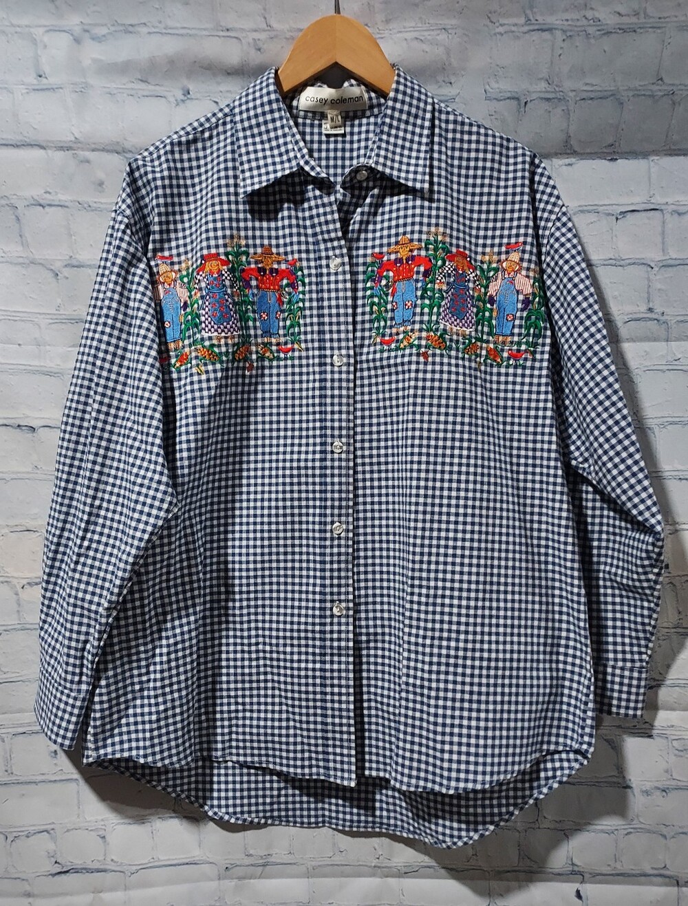 Grannycore Scarecrow M/L Button Down Check Top Fall Casey Coleman Embroidered